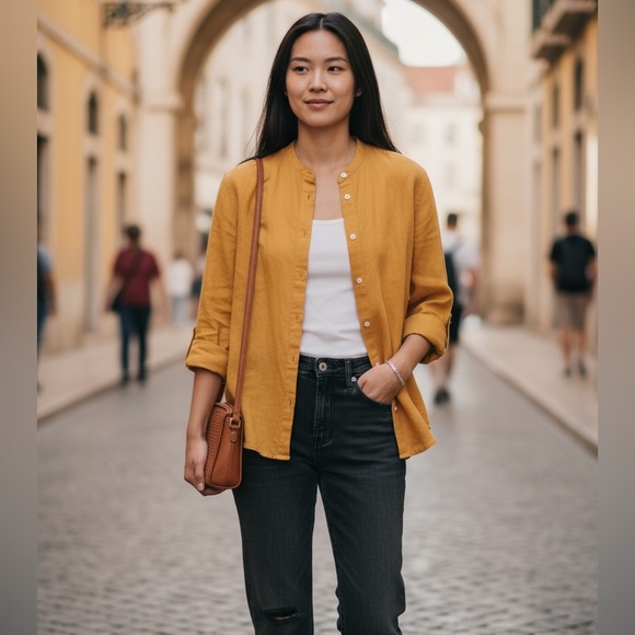 Zara Tops - Zara Linen Cotton, Relaxed, Fit, Button Down, Sunny, Color, Shirt, Mock Neck